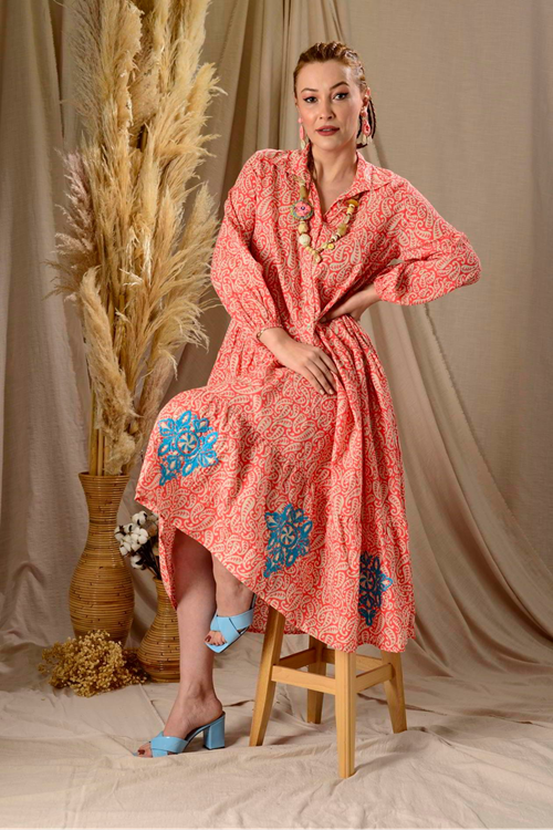 Kadın Desenli İşlemeli Pamuklu Maxi Cepli Uzun Gömlek Elbise