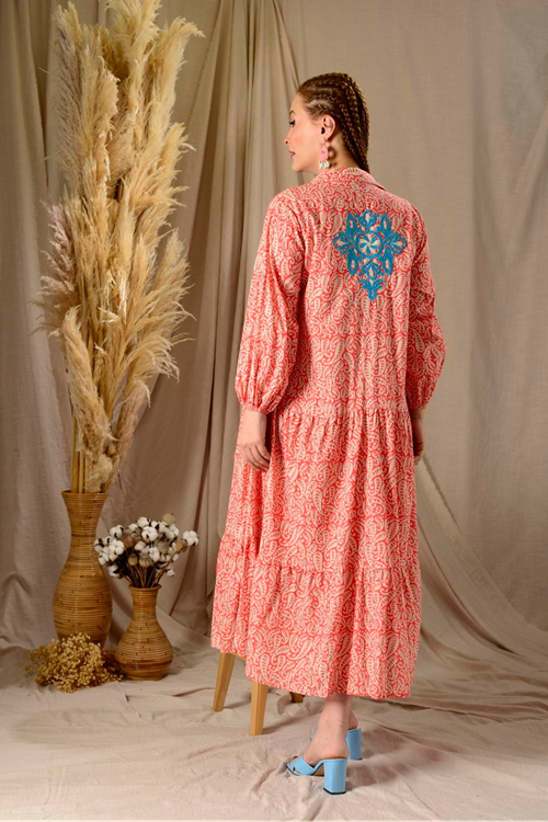 Kadın Desenli İşlemeli Pamuklu Maxi Cepli Uzun Gömlek Elbise