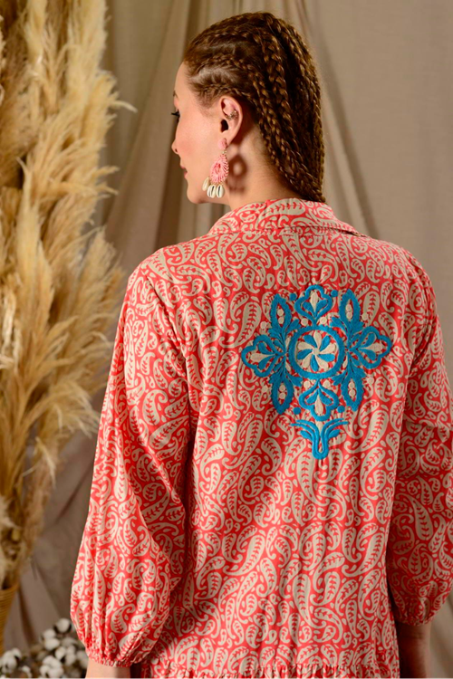 Kadın Desenli İşlemeli Pamuklu Maxi Cepli Uzun Gömlek Elbise