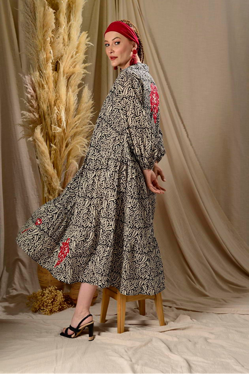  Kadın Desenli Siyah İşlemeli Pamuklu Maxi Cepli Uzun Gömlek Elbise