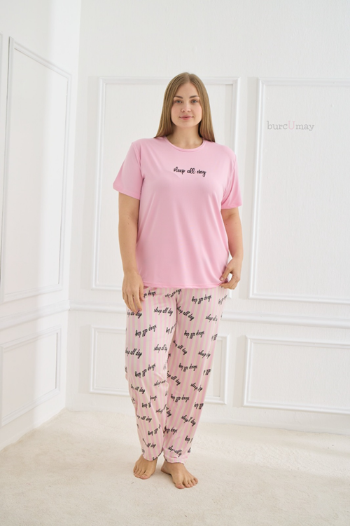 Kadın Büyük Beden Desenli Kısa Kollu Esnek Yumuşak Dokulu Pembe Yazlık Pijama Takımı