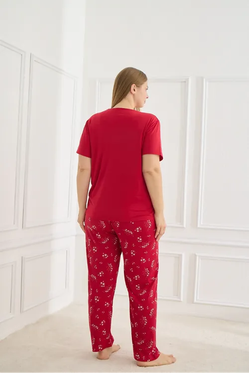 Kadın Desenli Kısa Kollu Esnek Yumuşak Dokulu Milan Kumaş Kırmızı Yazlık Büyük Beden Pijama Takımı