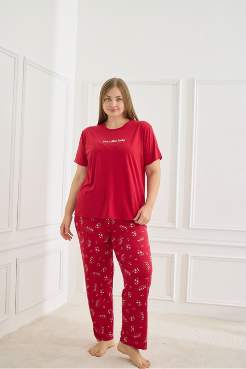 Kadın Desenli Kısa Kollu Esnek Yumuşak Dokulu Milan Kumaş Kırmızı Yazlık Büyük Beden Pijama Takımı