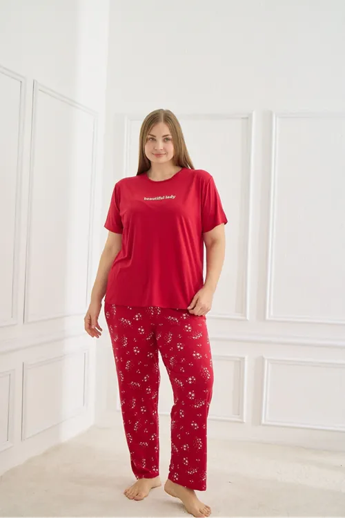 Kadın Desenli Kısa Kollu Esnek Yumuşak Dokulu Milan Kumaş Kırmızı Yazlık Büyük Beden Pijama Takımı