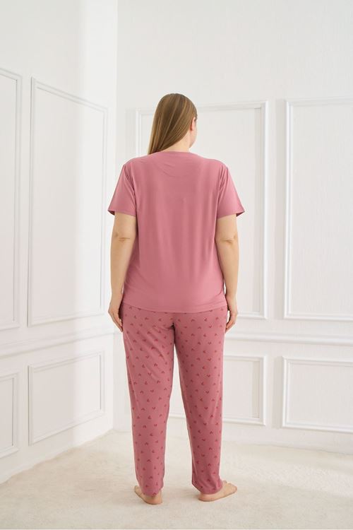 Kadın Kiraz Desenli Pembe Kısa Kollu Esnek Dokulu Milan Kumaş Yazlık Büyük Beden Pijama Takımı