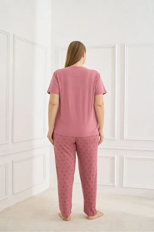 Kadın Kiraz Desenli Pembe Kısa Kollu Esnek Dokulu Milan Kumaş Yazlık Büyük Beden Pijama Takımı