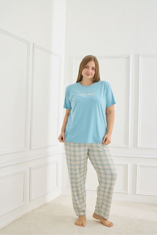 Kadın Ekose Desenli Mavi Kısa Kollu Yumuşak Dokulu Milan Kumaş Yazlık Büyük Beden Pijama Takımı