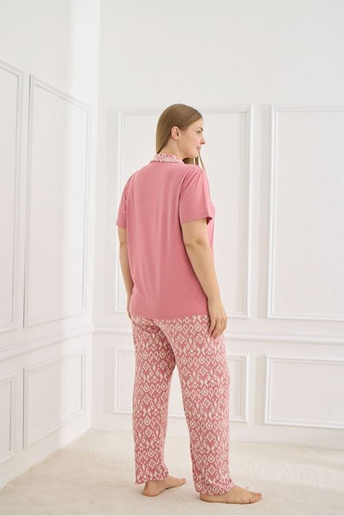 Kadın Milan Kumaş Gömlek Yaka Esnek Kısa Kollu Yumuşak Dokulu Pembe Yazlık Büyük Beden Pijama Takımı