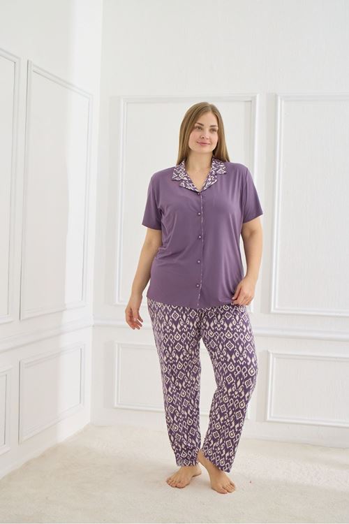 Kadın Milan Kumaş Önden Düğmeli Kısa Kollu Yumuşak Dokulu Mor Yazlık Büyük Beden Pijama Takımı