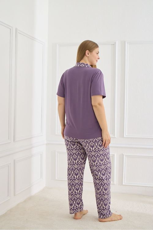 Kadın Milan Kumaş Önden Düğmeli Kısa Kollu Yumuşak Dokulu Mor Yazlık Büyük Beden Pijama Takımı
