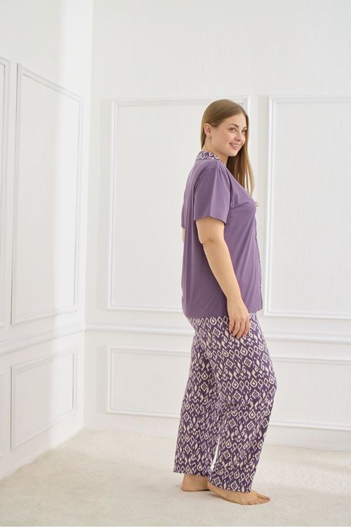 Kadın Milan Kumaş Önden Düğmeli Kısa Kollu Yumuşak Dokulu Mor Yazlık Büyük Beden Pijama Takımı