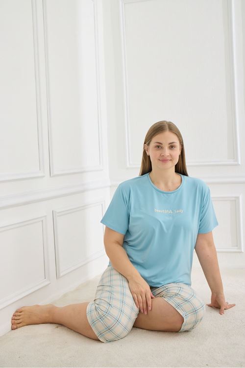 Yumuşak Dokulu Milan Kumaş Diz Altı Esnek Kısa Kollu Mavi Kadın Kapri Büyük Beden Pijama Takımı