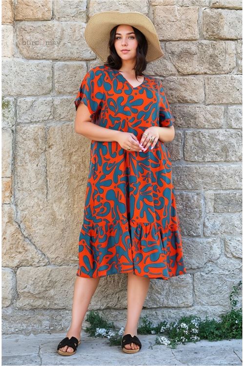 Kadın Desenli Kısa Kol Cepli Fırfırlı Büyük Beden Elbise Viskon Yazlık Plaj Tatil Elbisesi