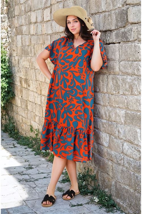 Kadın Desenli Kısa Kol Cepli Fırfırlı Büyük Beden Elbise Viskon Yazlık Plaj Tatil Elbisesi