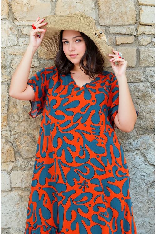 Kadın Desenli Kısa Kol Cepli Fırfırlı Büyük Beden Elbise Viskon Yazlık Plaj Tatil Elbisesi