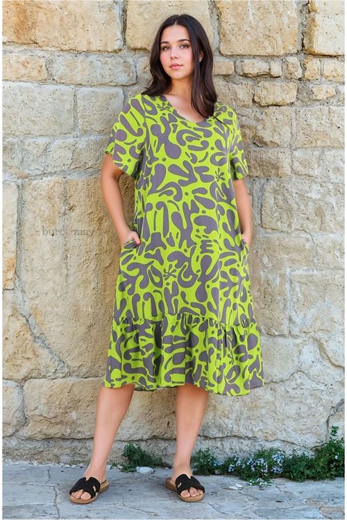Kadın Desenli Kısa Kol Yeşil Cepli Fırfırlı Büyük Beden Elbise Viskon Yazlık Plaj Tatil Elbisesi
