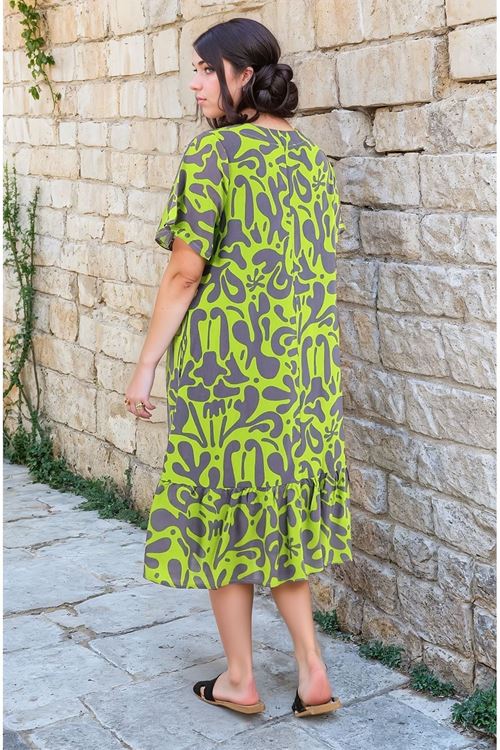 Kadın Desenli Kısa Kol Yeşil Cepli Fırfırlı Büyük Beden Elbise Viskon Yazlık Plaj Tatil Elbisesi