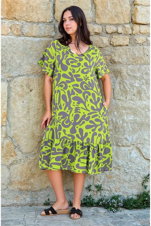 Kadın Desenli Kısa Kol Yeşil Cepli Fırfırlı Büyük Beden Elbise Viskon Yazlık Plaj Tatil Elbisesi
