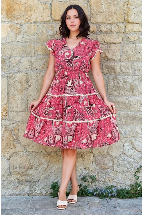 Kadın Büyük Beden Desenli Kırmızı Kısa Kol İnce Midi Elbise Viskon Yazlık Plaj Tatil Elbisesi