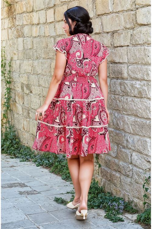 Kadın Büyük Beden Desenli Kırmızı Kısa Kol İnce Midi Elbise Viskon Yazlık Plaj Tatil Elbisesi