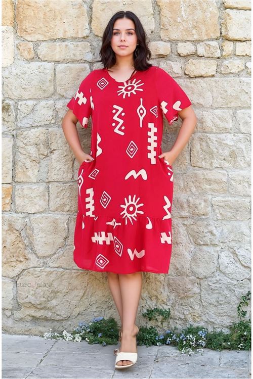 Kadın Desenli Kısa Kol Kırmızı Cepli Fırfırlı Büyük Beden Elbise Viskon Yazlık Plaj Tatil Elbisesi