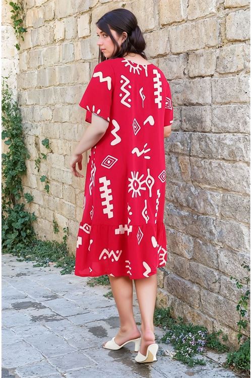 Kadın Desenli Kısa Kol Kırmızı Cepli Fırfırlı Büyük Beden Elbise Viskon Yazlık Plaj Tatil Elbisesi