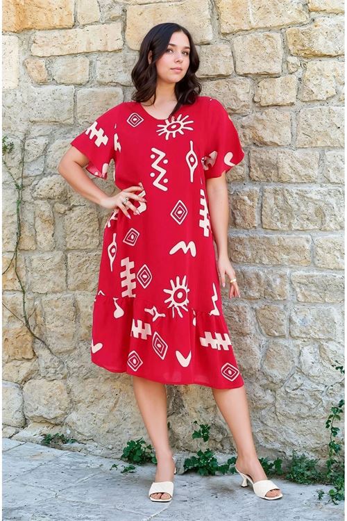 Kadın Desenli Kısa Kol Kırmızı Cepli Fırfırlı Büyük Beden Elbise Viskon Yazlık Plaj Tatil Elbisesi
