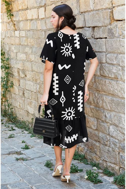 Kadın Desenli Kısa Kol Siyah Cepli Fırfırlı Büyük Beden Elbise Viskon Yazlık Plaj Tatil Elbisesi