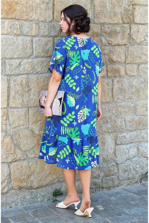 Kadın Desenli Kısa Kol Mavi Cepli Fırfırlı Büyük Beden Elbise Viskon Yazlık Plaj Tatil Elbisesi