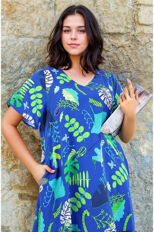Kadın Desenli Kısa Kol Mavi Cepli Fırfırlı Büyük Beden Elbise Viskon Yazlık Plaj Tatil Elbisesi