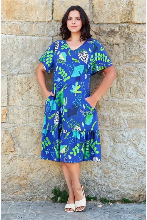 Kadın Desenli Kısa Kol Mavi Cepli Fırfırlı Büyük Beden Elbise Viskon Yazlık Plaj Tatil Elbisesi