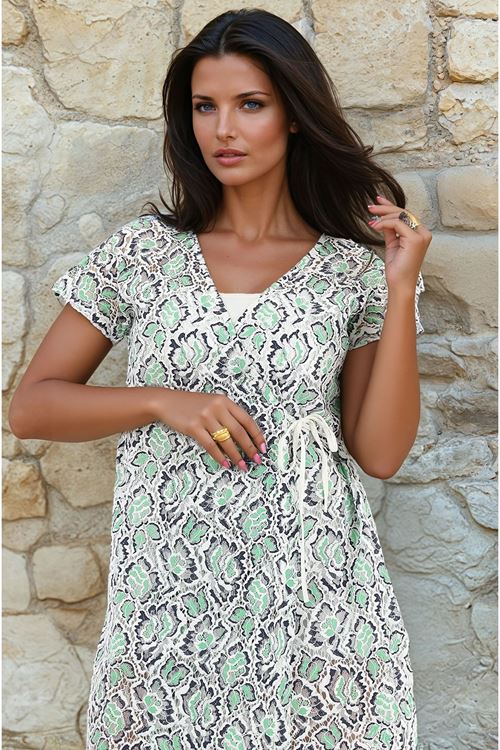 Kadın Dantel Detaylı Yeşil Plaj Elbisesi Yandan Bağlamalı Havuz Giyim Pareo