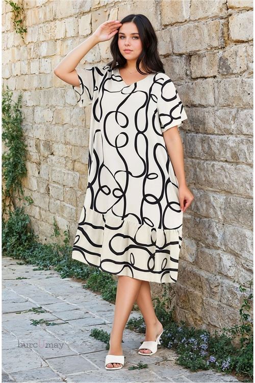 Kadın Desenli Kısa Kol Ekru Cepli Fırfırlı Büyük Beden Elbise Viskon Yazlık Plaj Tatil Elbisesi