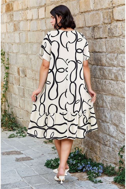 Kadın Desenli Kısa Kol Ekru Cepli Fırfırlı Büyük Beden Elbise Viskon Yazlık Plaj Tatil Elbisesi