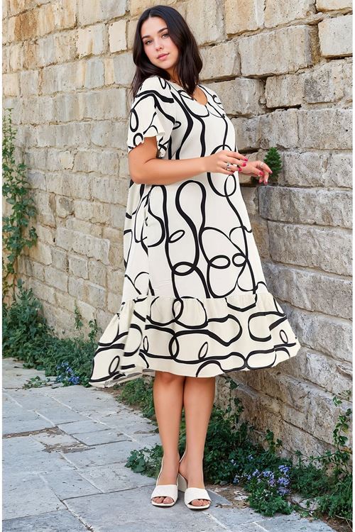Kadın Desenli Kısa Kol Ekru Cepli Fırfırlı Büyük Beden Elbise Viskon Yazlık Plaj Tatil Elbisesi