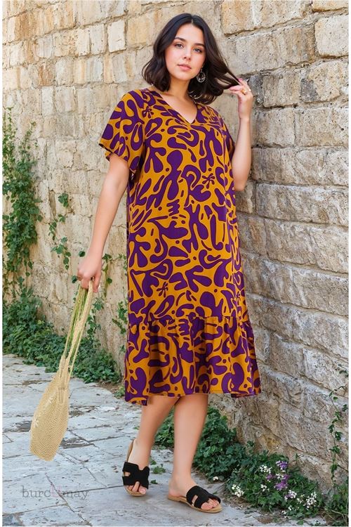 Kadın Desenli Mor Kısa Kol Cepli Fırfırlı Büyük Beden Elbise Viskon Yazlık Plaj Tatil Elbisesi