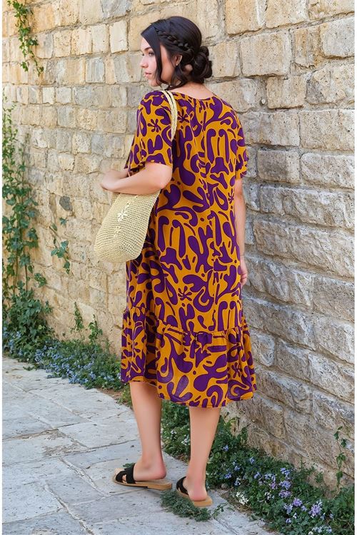 Kadın Desenli Mor Kısa Kol Cepli Fırfırlı Büyük Beden Elbise Viskon Yazlık Plaj Tatil Elbisesi