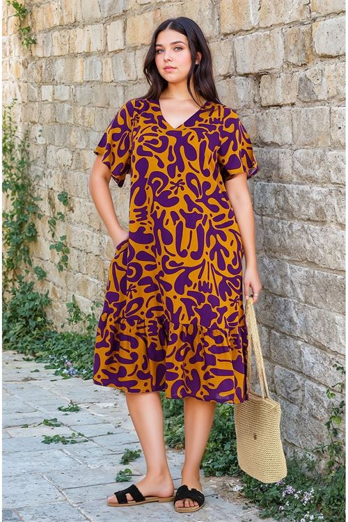 Kadın Desenli Mor Kısa Kol Cepli Fırfırlı Büyük Beden Elbise Viskon Yazlık Plaj Tatil Elbisesi