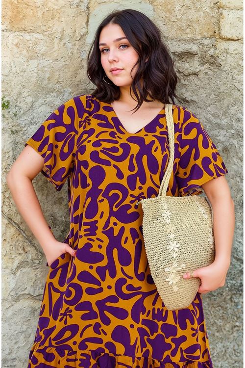 Kadın Desenli Mor Kısa Kol Cepli Fırfırlı Büyük Beden Elbise Viskon Yazlık Plaj Tatil Elbisesi