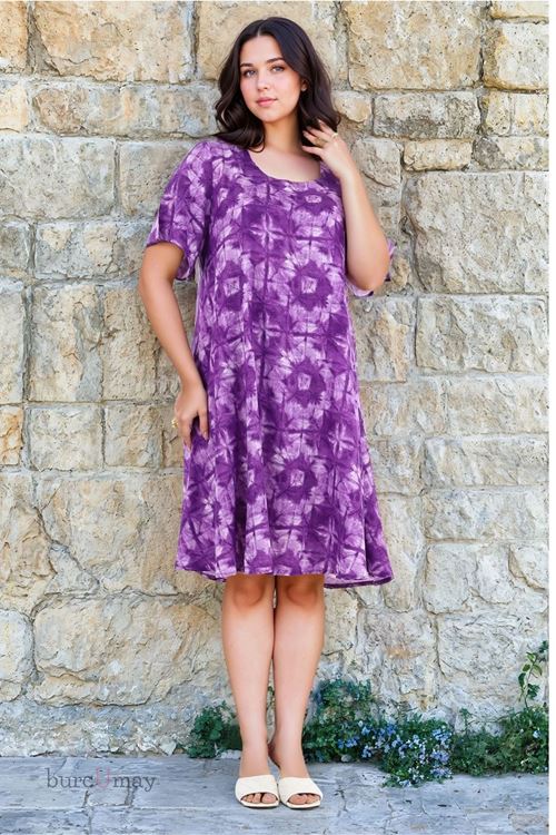 Kadın Büyük Beden Kare Yaka Yazlık Kısa Kol Desenli Midi Viskon Elbise Mor Plaj Tatil Elbisesi