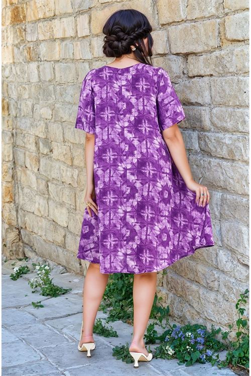 Kadın Büyük Beden Kare Yaka Yazlık Kısa Kol Desenli Midi Viskon Elbise Mor Plaj Tatil Elbisesi