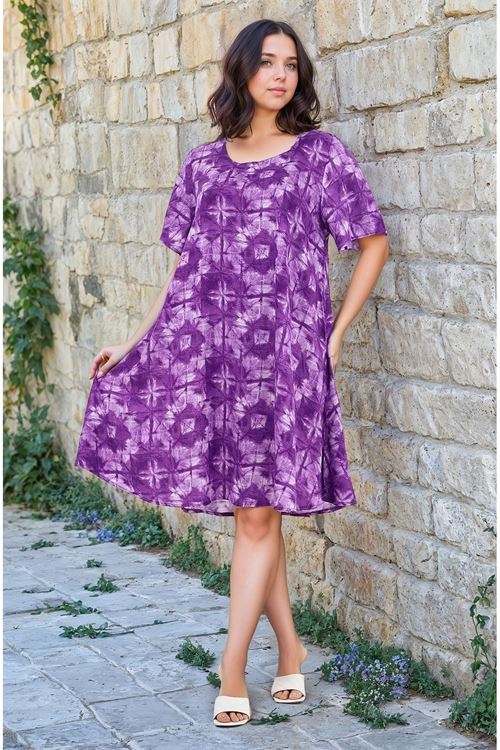 Kadın Büyük Beden Kare Yaka Yazlık Kısa Kol Desenli Midi Viskon Elbise Mor Plaj Tatil Elbisesi