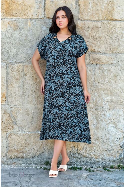 Kadın Kısa Kol Petrol Mavisi V Yaka Desenli Viskon Halka Detaylı Cepli Büyük Beden Yazlık Elbise