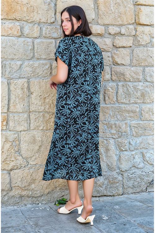 Kadın Kısa Kol Petrol Mavisi V Yaka Desenli Viskon Halka Detaylı Cepli Büyük Beden Yazlık Elbise