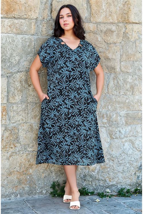 Kadın Kısa Kol Petrol Mavisi V Yaka Desenli Viskon Halka Detaylı Cepli Büyük Beden Yazlık Elbise