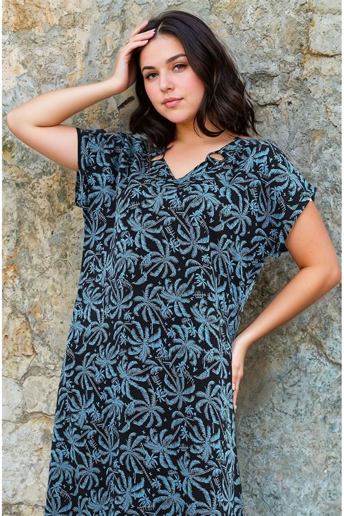 Kadın Kısa Kol Petrol Mavisi V Yaka Desenli Viskon Halka Detaylı Cepli Büyük Beden Yazlık Elbise