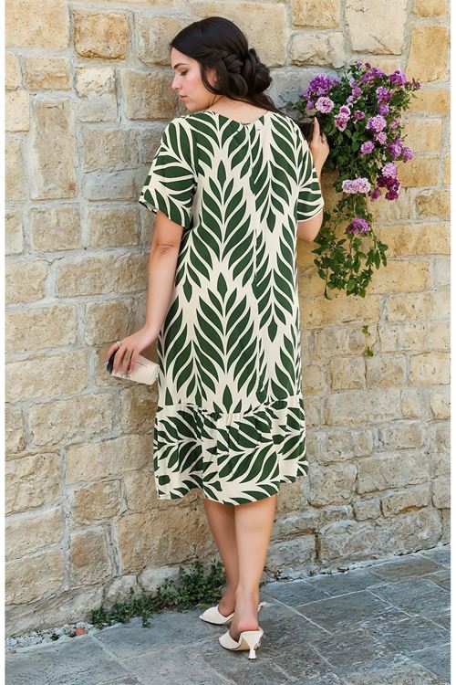 Kadın Desenli Haki Yeşil Kısa Kol Cepli Fırfırlı Büyük Beden Elbise Viskon Yazlık Tatil Elbisesi