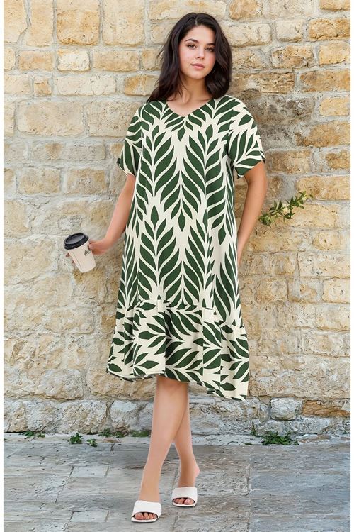 Kadın Desenli Haki Yeşil Kısa Kol Cepli Fırfırlı Büyük Beden Elbise Viskon Yazlık Tatil Elbisesi