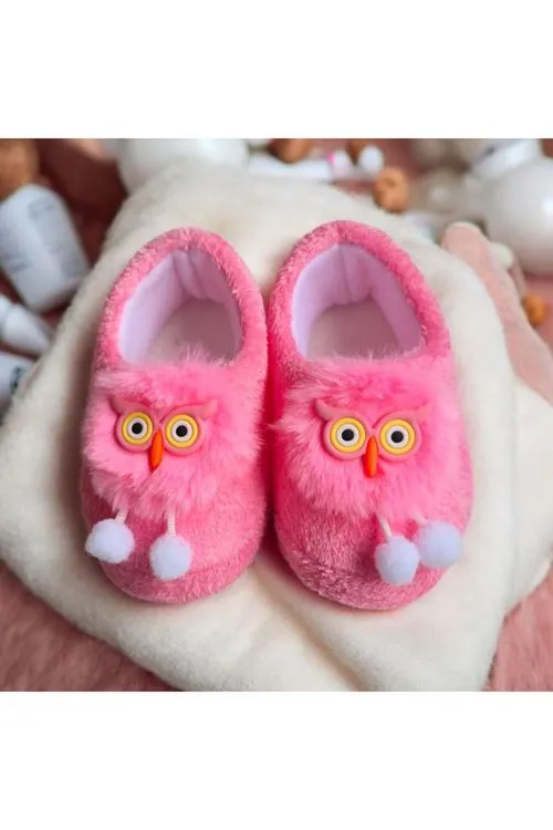 Kız Çocuk Hayvan Figürlü Pembe Panduf Kışlık Yumuşak Peluş Ev Ayakkabısı