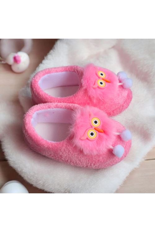Kız Çocuk Hayvan Figürlü Pembe Panduf Kışlık Yumuşak Peluş Ev Ayakkabısı